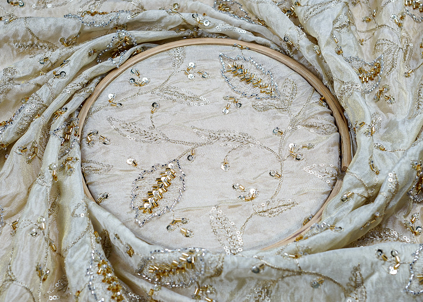 ( Pre-Cut 2.4 MTR) Golden Fabric With All Over Golden Zari Sequins And Bead Work  17657