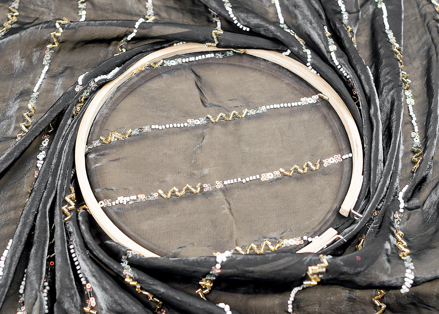 ( Pre-Cut 3.5 MTR) Black Diamond Tissue  Fabric With All Over Katdana Bead And Sequins Work 17659