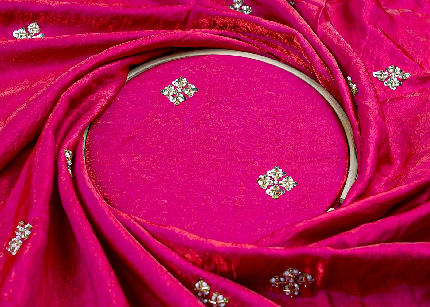 ( Pre-Cut 2 MTR) Magenta Diamond Silk Fabric With All Over Sequins And Katdana Work 17660