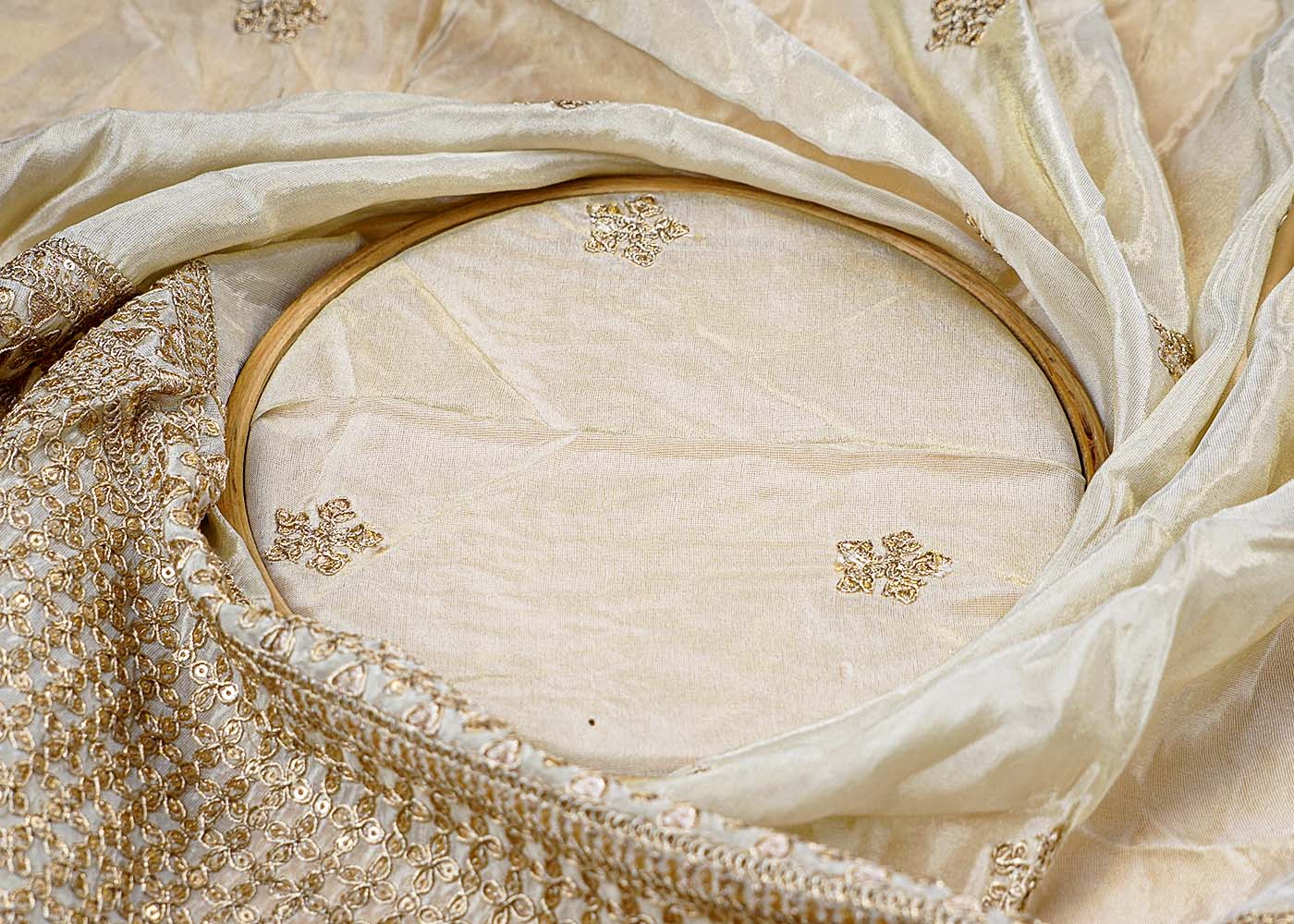 (Pre-Cut 1.7 Mtr ) Golden Tissue Fabric With  All Over Zari Sequins Work With One Side Heavy Border 17663