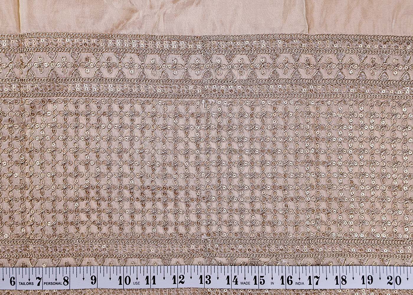 (Pre-Cut 1.7 Mtr ) Golden Tissue Fabric With  All Over Zari Sequins Work With One Side Heavy Border 17663
