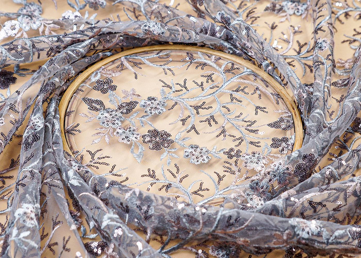 ( Pre-Cut 2.7 MTR) Grey Fabric With All Over Thread And Sequins Work With Scalloped Edges 17666