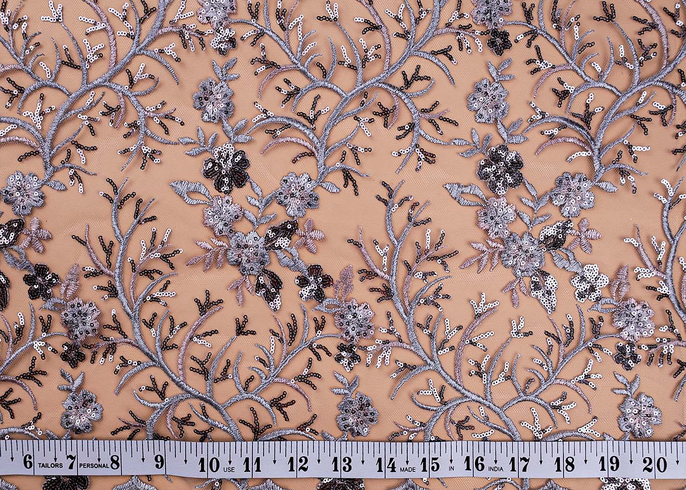 ( Pre-Cut 2.7 MTR) Grey Fabric With All Over Thread And Sequins Work With Scalloped Edges 17666