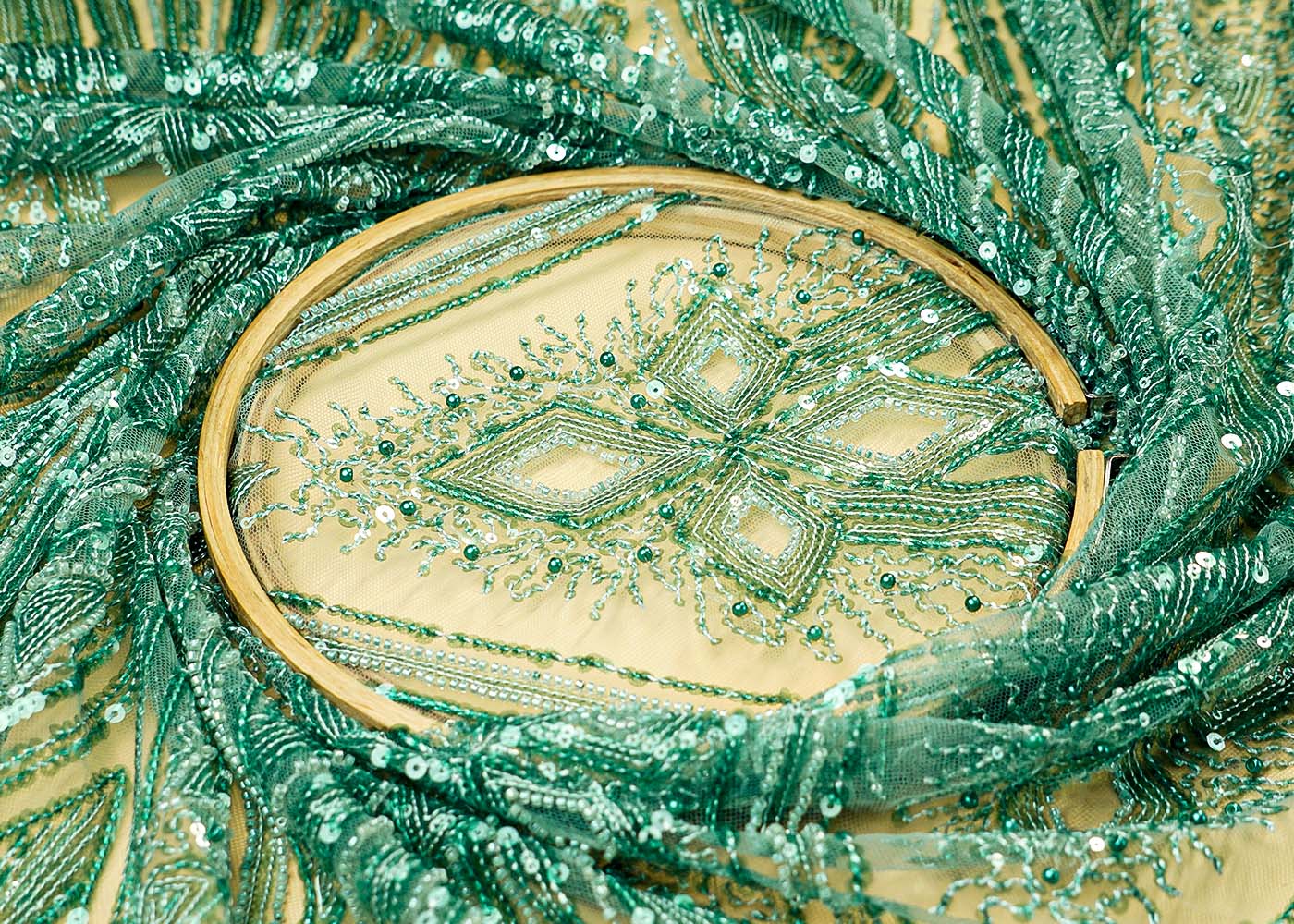 (Pre-Cut 1.9 Mtr ) Aqua Green Imported Net Fabric With  All Over Bead And Sequins Work 17667