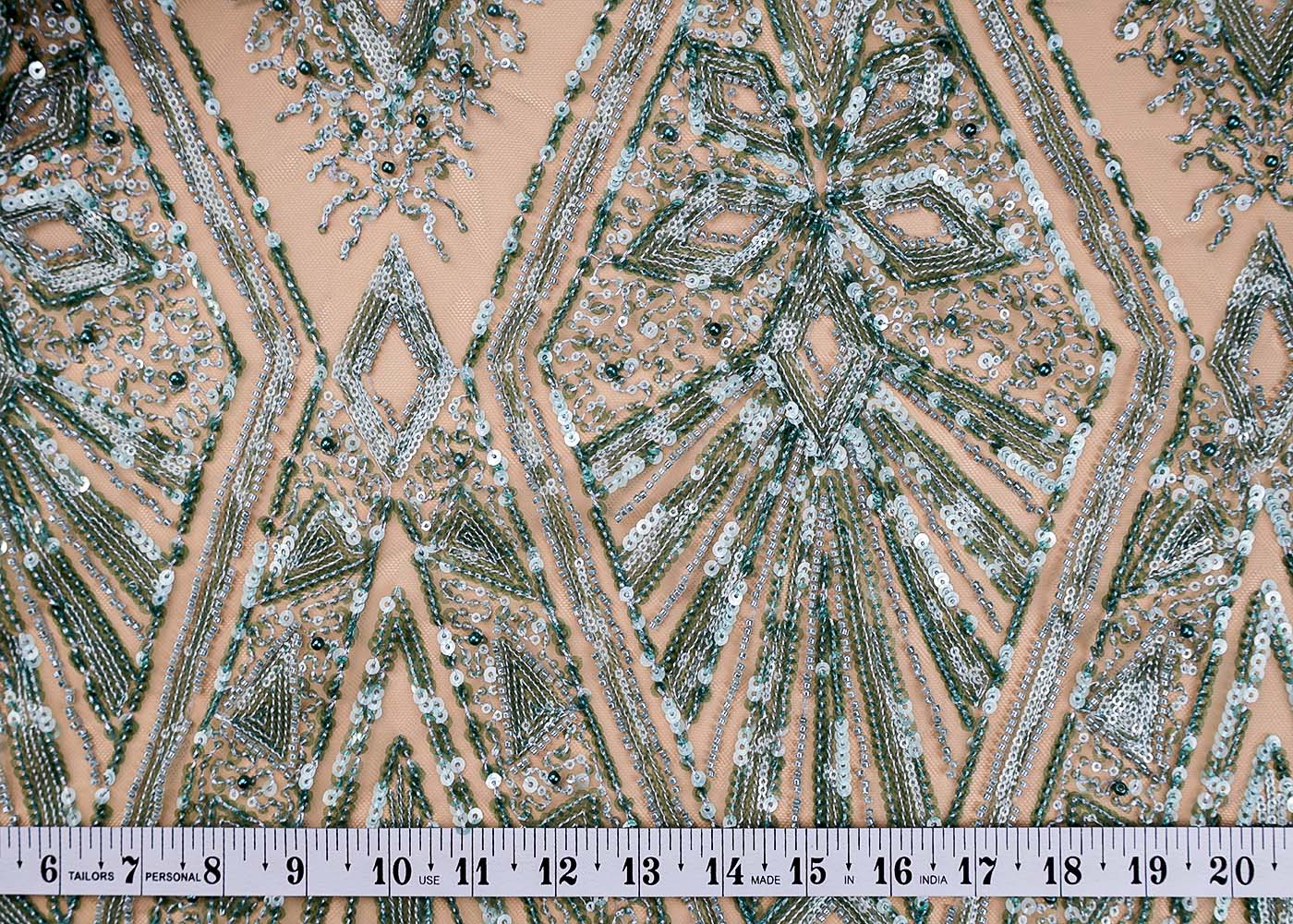(Pre-Cut 1.9 Mtr ) Aqua Green Imported Net Fabric With  All Over Bead And Sequins Work 17667