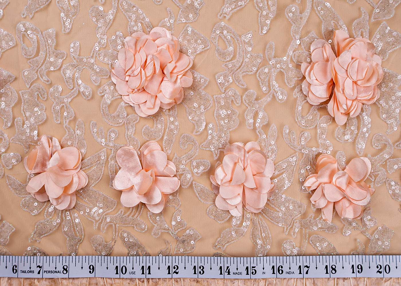 ( Pre-Cut 2.1 MTR) White Fabric With All Over Sequins And Gliter Work With One Side Applique Work Border 17672