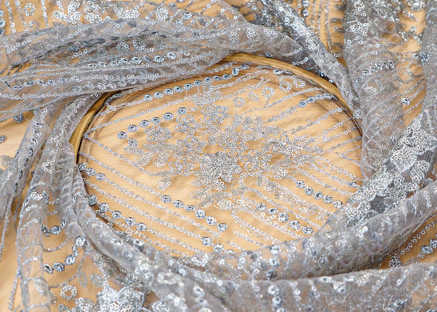 (Pre-Cut 1.9 Mtr ) Silver Imported Net Fabric With  All Over Thread And Sequins Work 17673