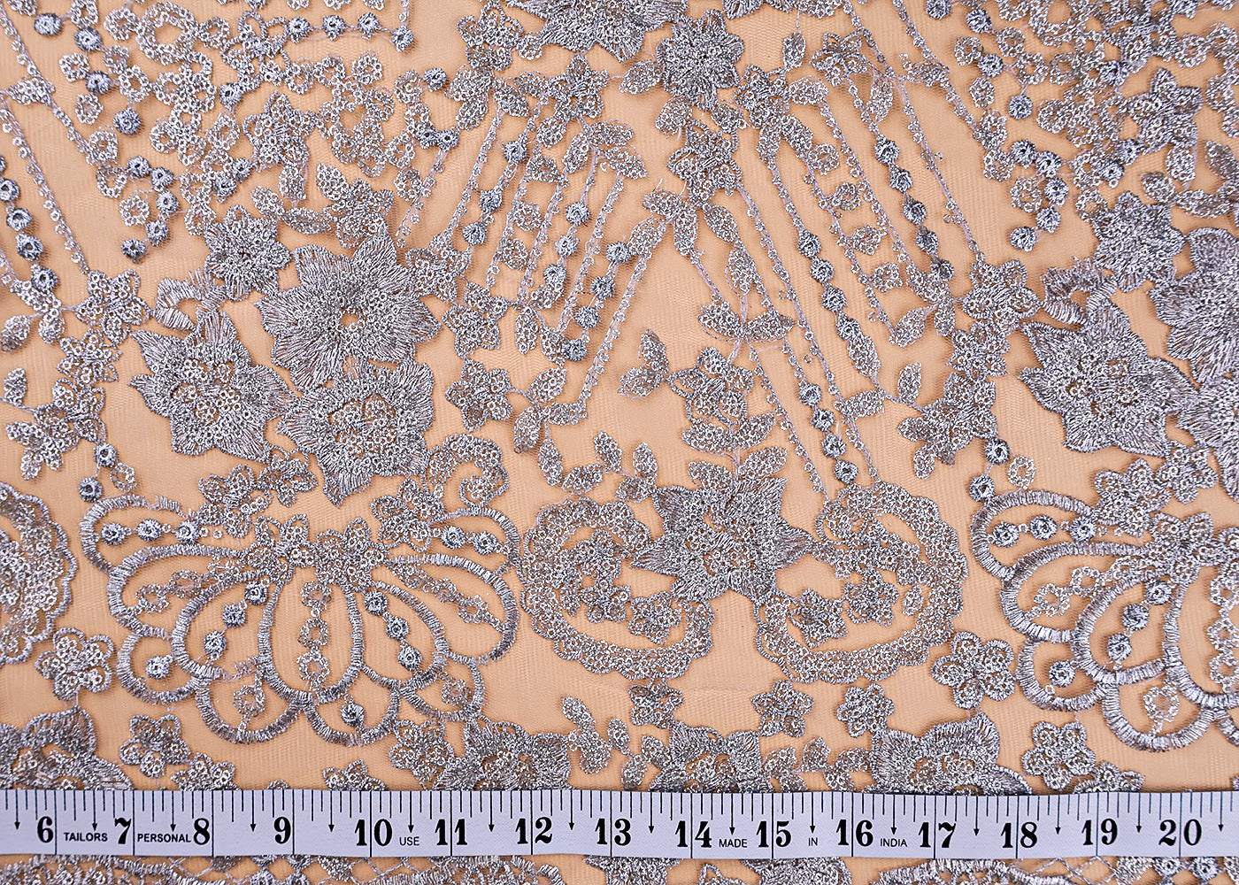 (Pre-Cut 1.9 Mtr ) Silver Imported Net Fabric With  All Over Thread And Sequins Work 17673
