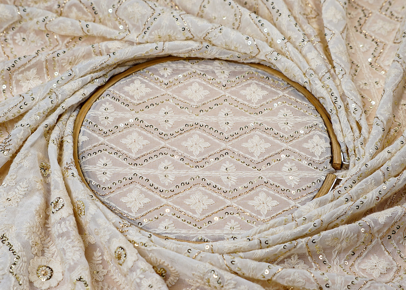 (Pre-Cut 1.5 Mtr ) White Georgette Fabric With  All Over Sequins And Thread Work With One Side Heavy Border 17675