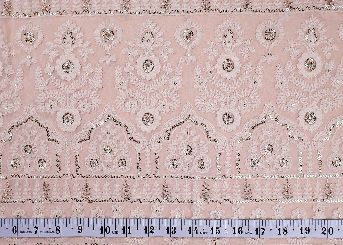 (Pre-Cut 1.5 Mtr ) White Georgette Fabric With  All Over Sequins And Thread Work With One Side Heavy Border 17675