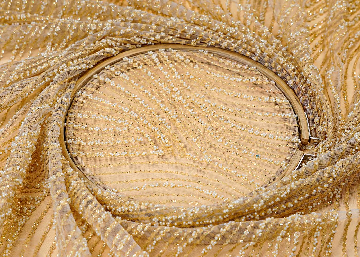 ( Pre-Cut 2.75 MTR) Golden Fabric With All Over Gliter Work   17676