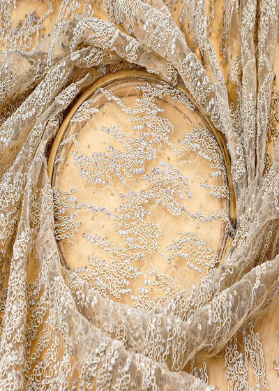 ( Pre-Cut 1.9 MTR) Beige Fabric With All Over Thread And Sequins Work With Two Side Scalloped Borders 17679
