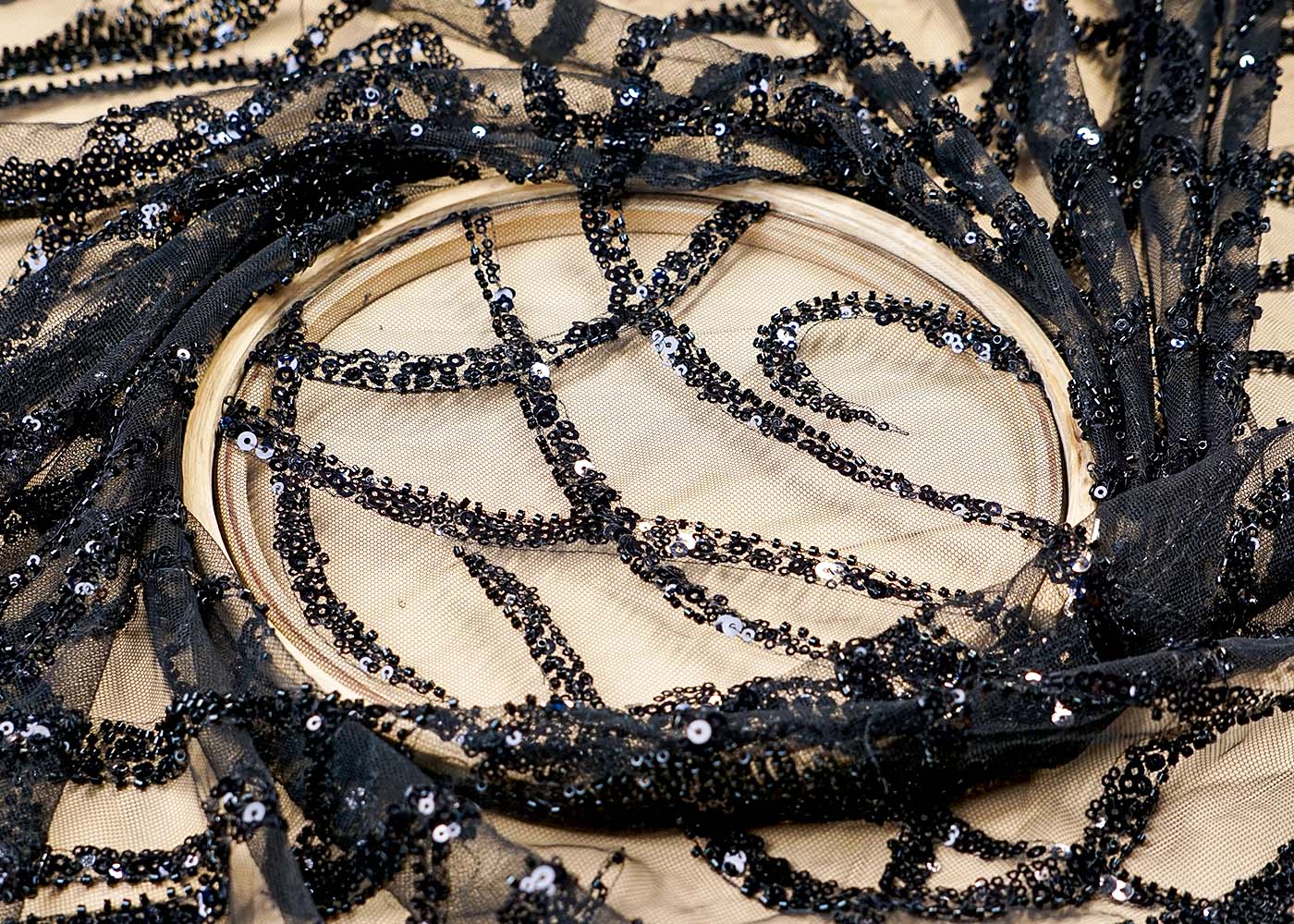 (Pre-Cut 2 Mtr ) Black Imported Net Fabric With  All Over Sequins And Bead Work 17680