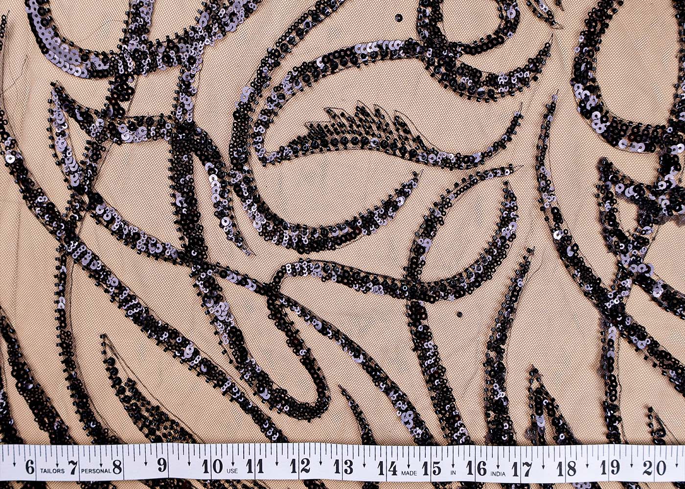 (Pre-Cut 2 Mtr ) Black Imported Net Fabric With  All Over Sequins And Bead Work 17680