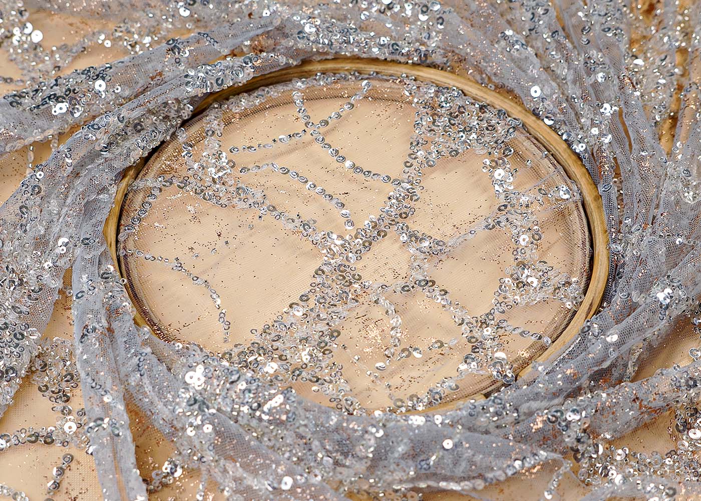 ( Pre-Cut 2.3 MTR) White Fabric With All Over Sequins And Katdana Work 17682