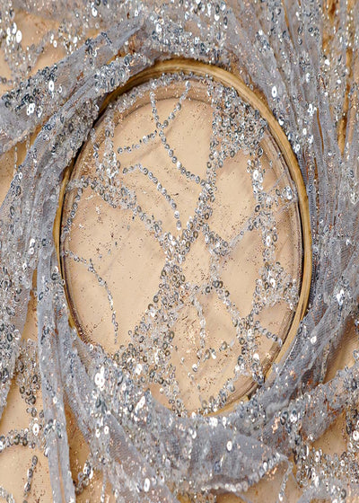 ( Pre-Cut 2.3 MTR) White Fabric With All Over Sequins And Katdana Work 17682