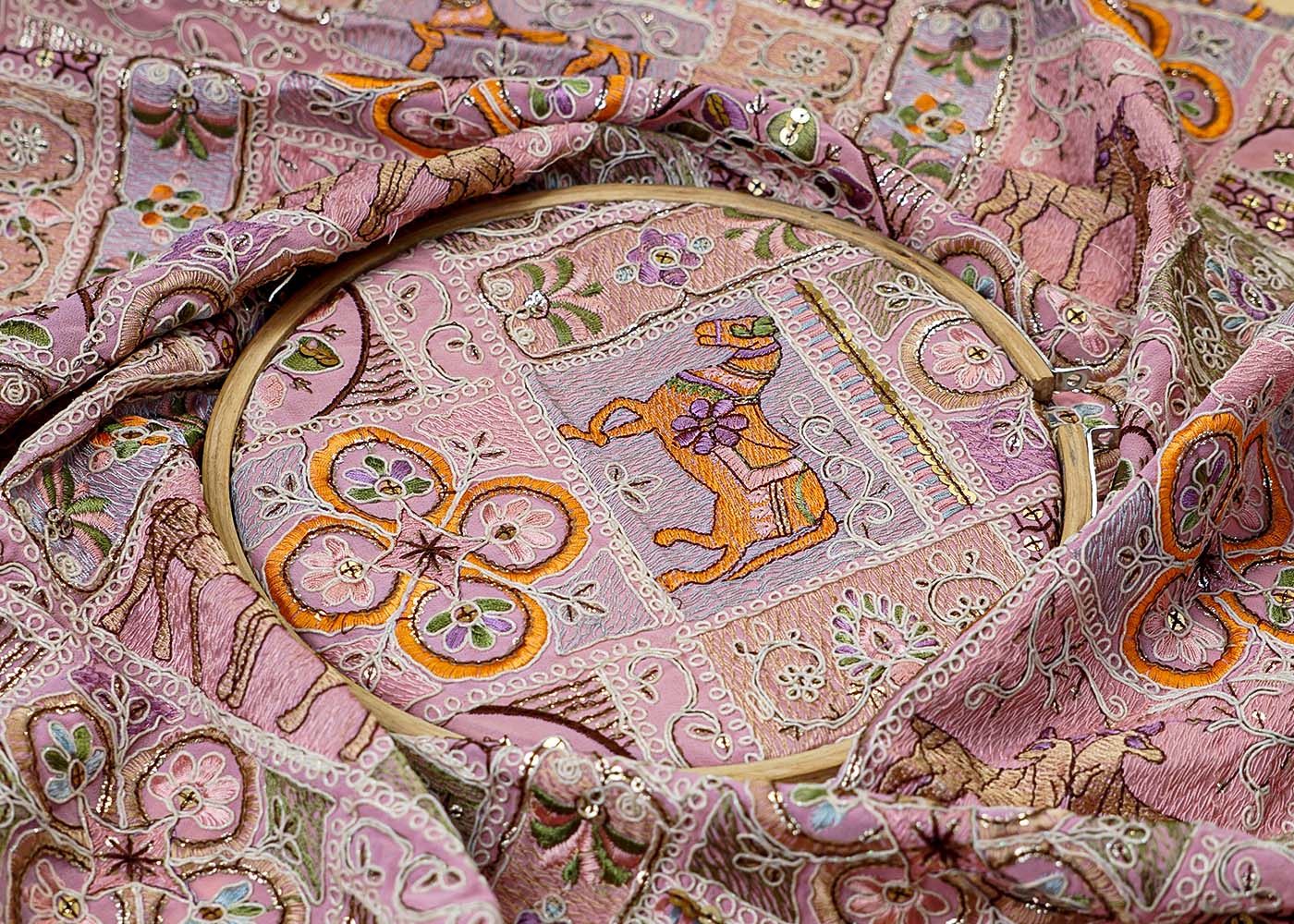 ( Pre-Cut 1.5 MTR) Multi-Color Fabric With All Over Thread And Sequins Work With One Side Heavy Border 17648