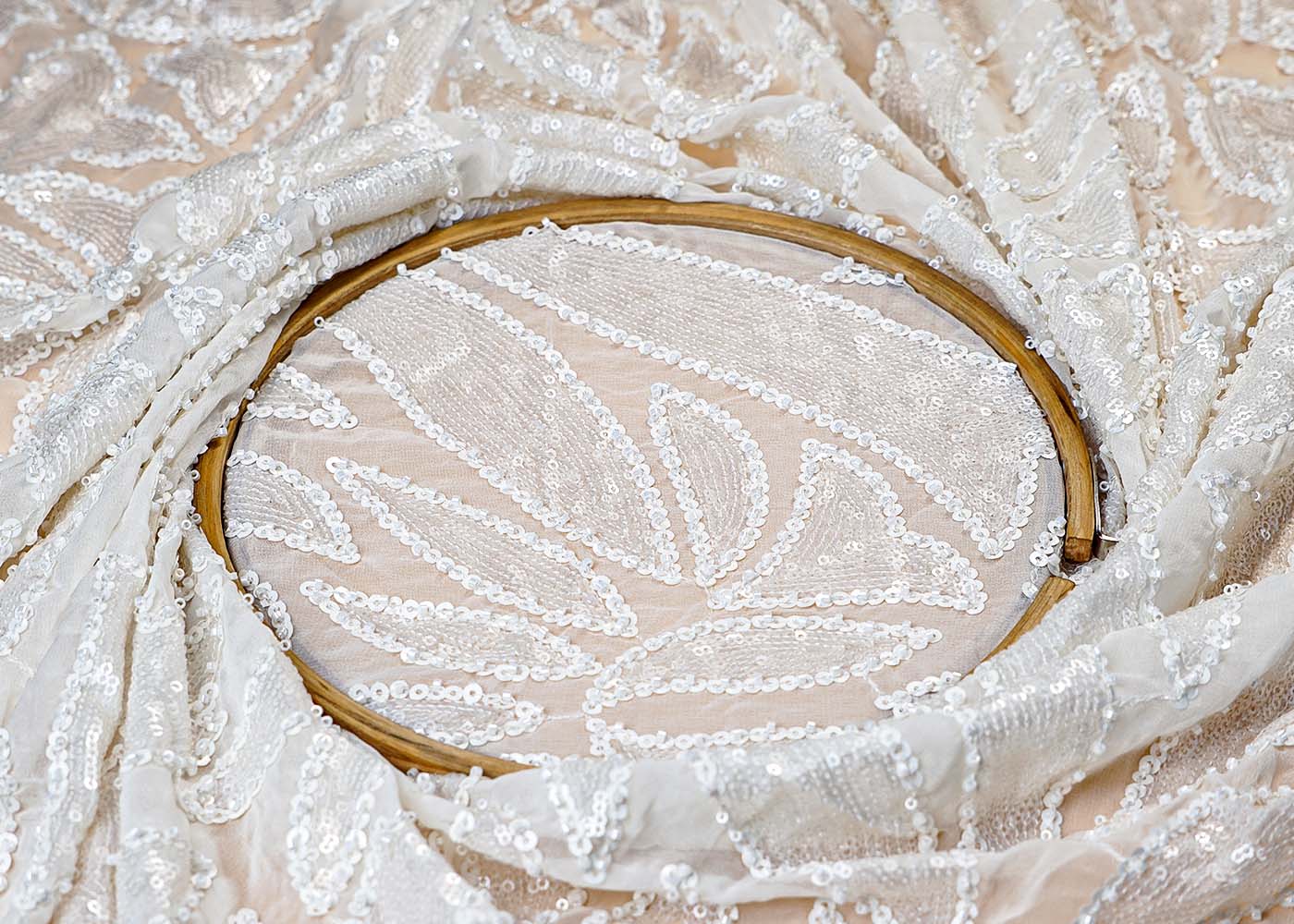 (Pre-Cut 2.1 Mtr ) White Georgette Fabric With  All Over Sequins And Bead Work 17685