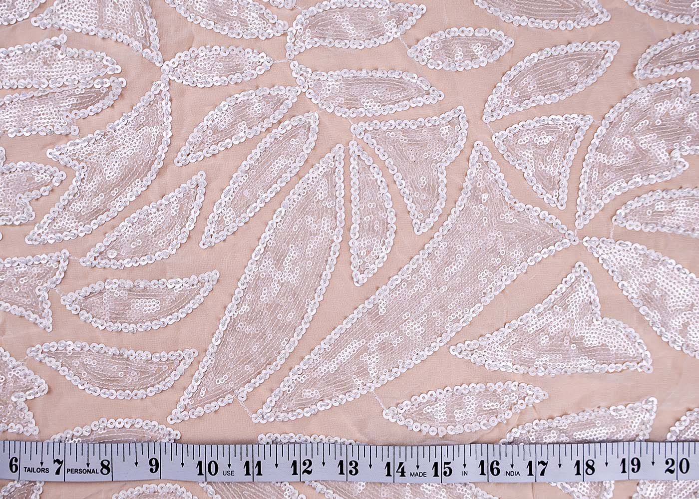 (Pre-Cut 2.1 Mtr ) White Georgette Fabric With  All Over Sequins And Bead Work 17685