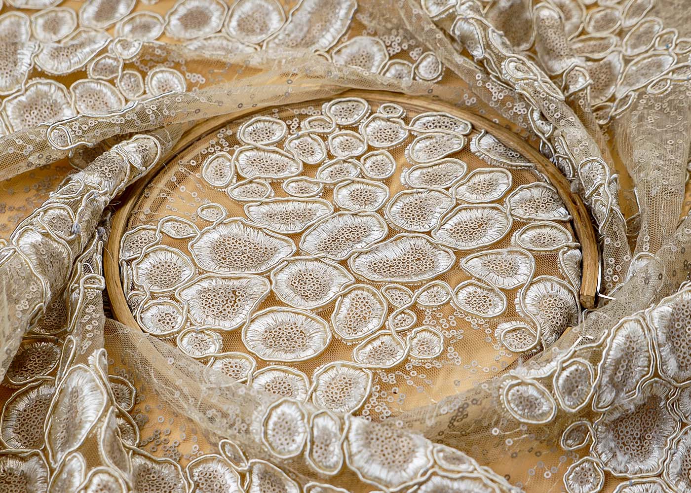(Pre-Cut 1.15 Mtr ) Off White Imported Net Fabric With  All Over Thread And Sequins Work With Scalloped Borders 17687