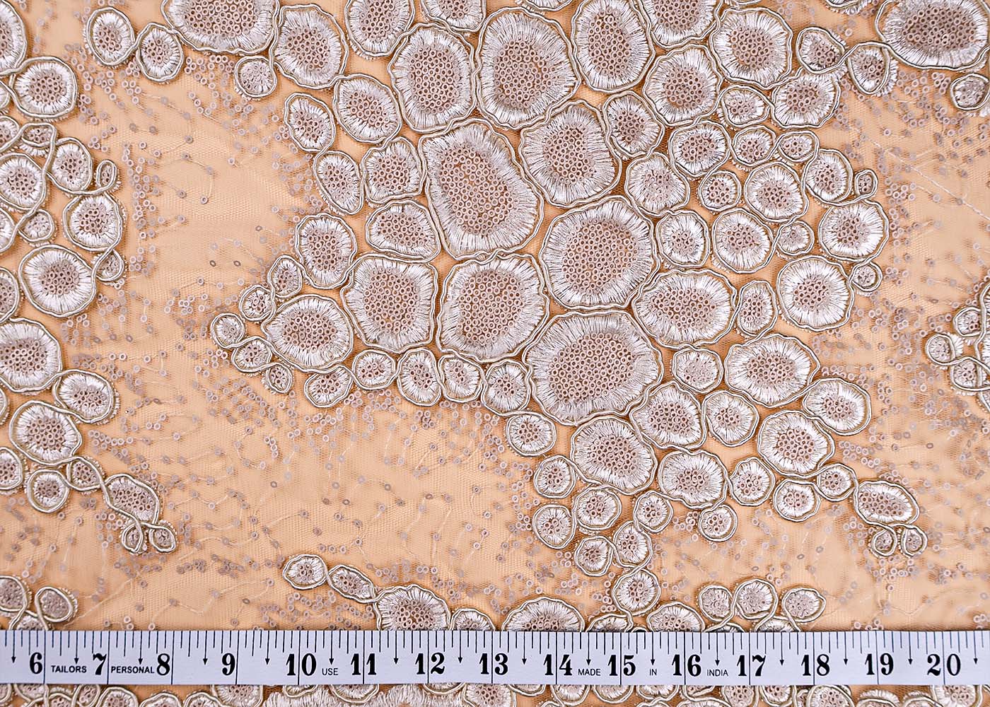(Pre-Cut 1.15 Mtr ) Off White Imported Net Fabric With  All Over Thread And Sequins Work With Scalloped Borders 17687