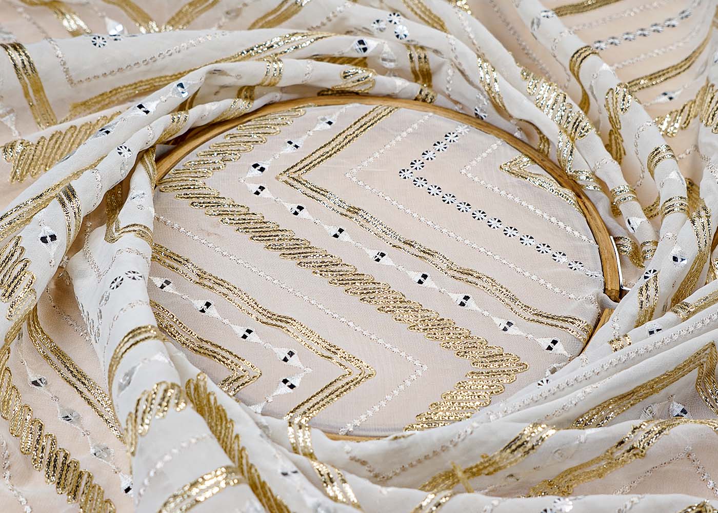 (Pre-Cut 3.3 Mtr ) White Georgette Fabric With  All Over Thread Zari And Sequins Work 17690
