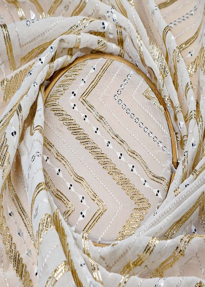 (Pre-Cut 3.3 Mtr ) White Georgette Fabric With  All Over Thread, Zari And Sequins Work 17690