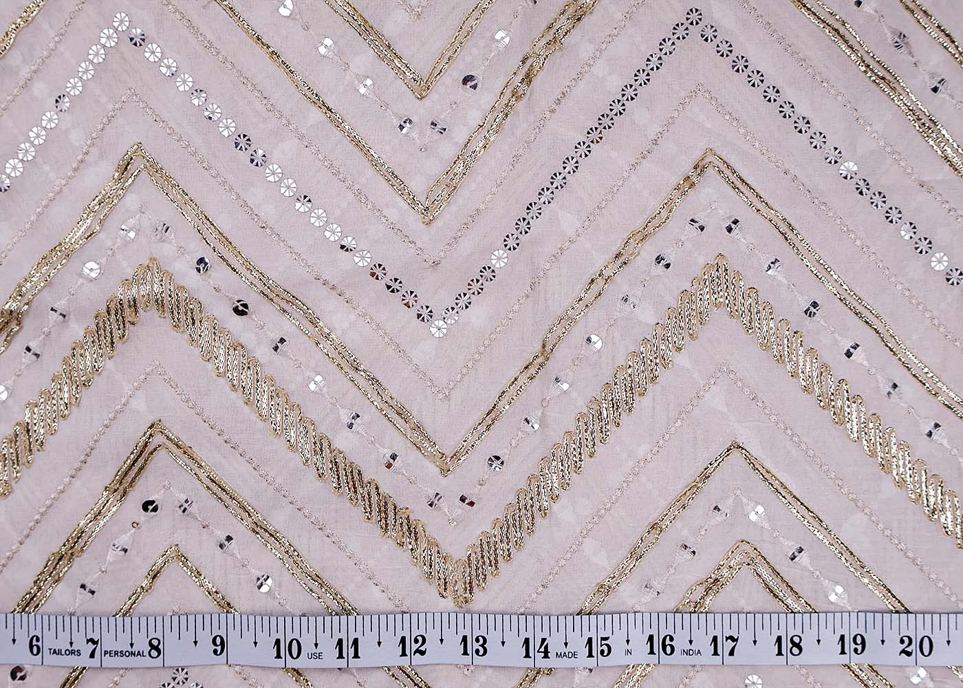 (Pre-Cut 3.3 Mtr ) White Georgette Fabric With  All Over Thread Zari And Sequins Work 17690