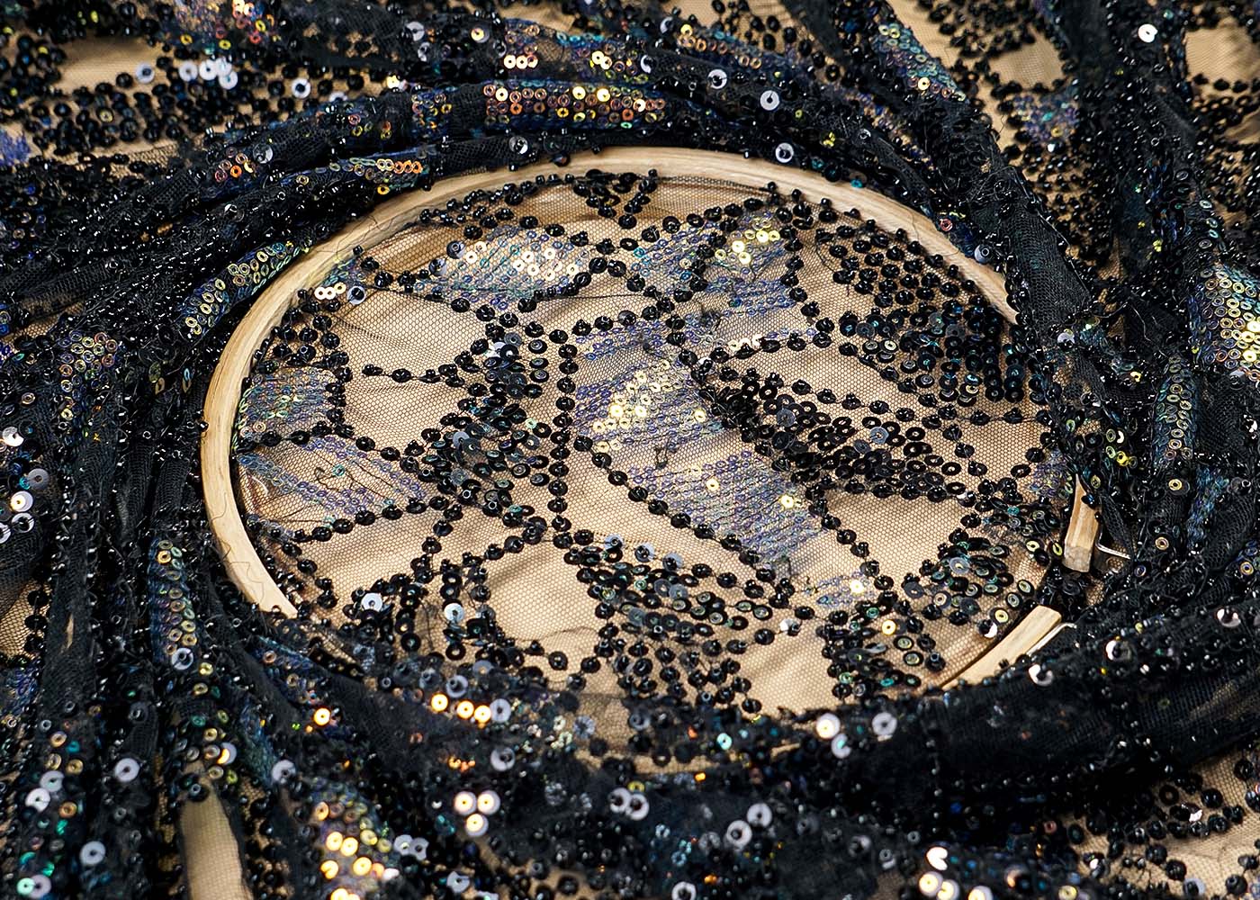 (Pre-Cut 1.6 Mtr ) Black Imported Net Fabric With  All Over Rainbow Sequins Work 17693