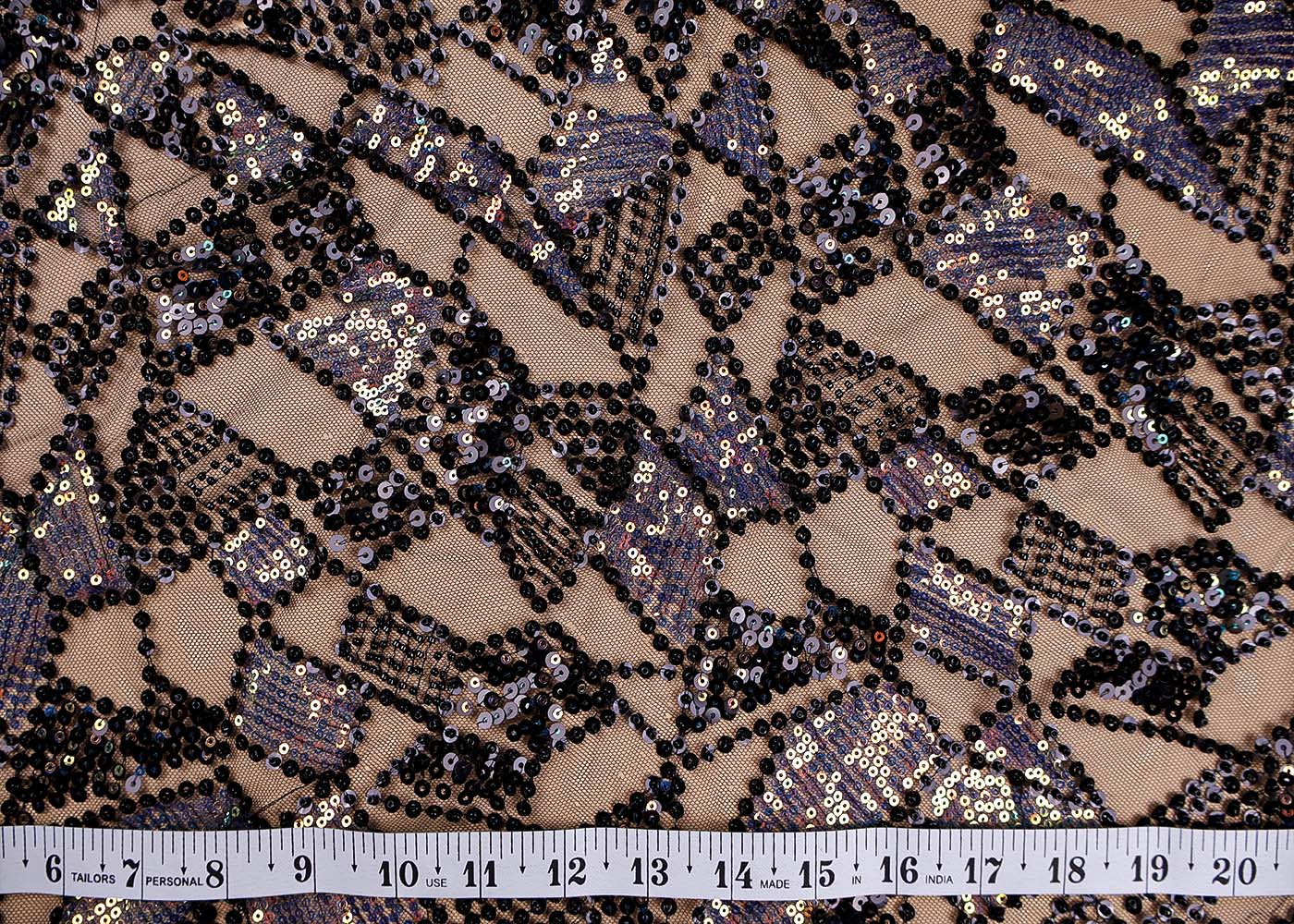 (Pre-Cut 1.6 Mtr ) Black Imported Net Fabric With  All Over Rainbow Sequins Work 17693