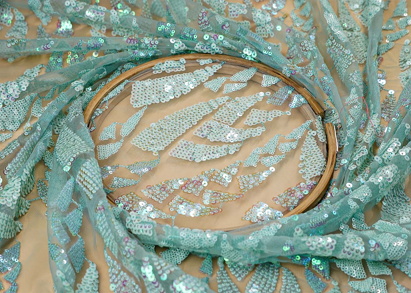 ( Pre-Cut 2.75 MTR) Aqua Green Fabric With All Over Rainbow Sequins Work 17696
