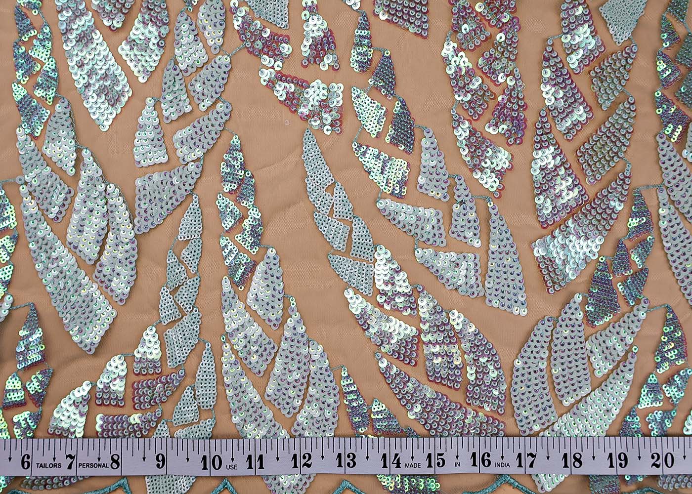 ( Pre-Cut 2.75 MTR) Aqua Green Fabric With All Over Rainbow Sequins Work 17696