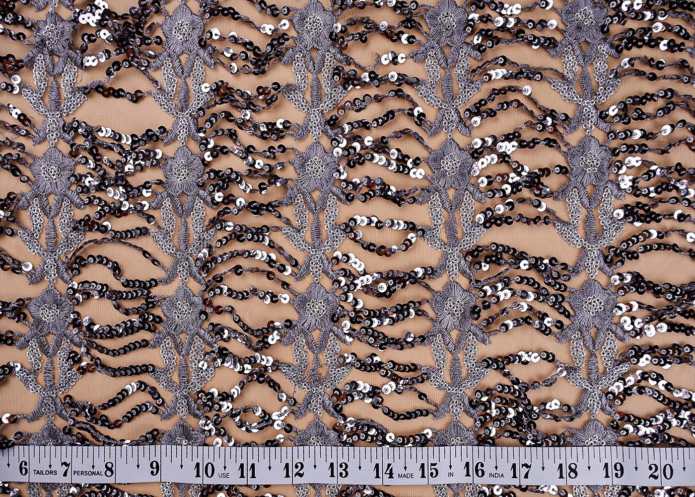 ( Pre-Cut 2.15 MTR) Grey Fabric With All Over Thread And Sequins Work 17699