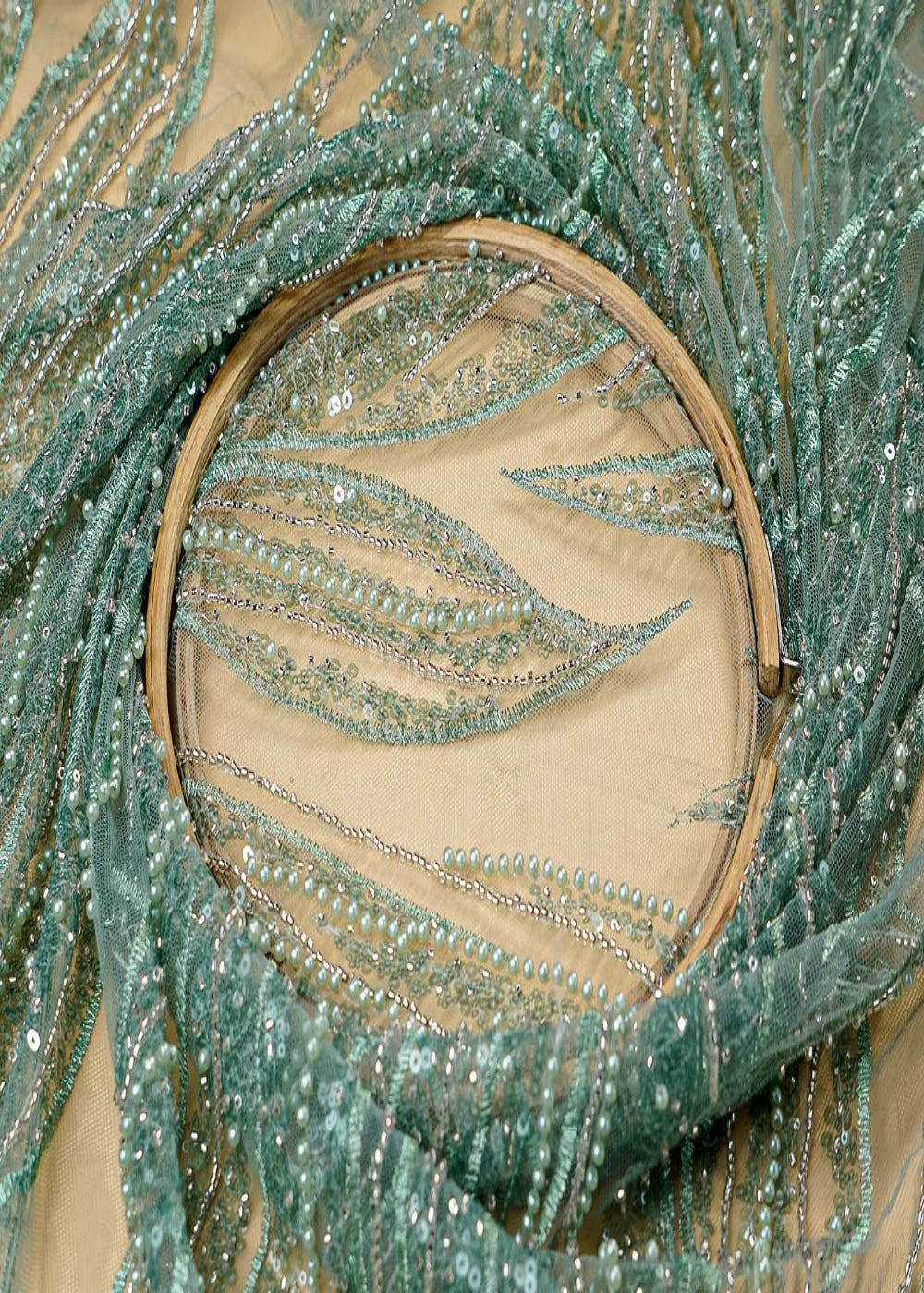 (Pre-Cut-1.5-Mtr)-Sea-Green-Imported-Net-Fabric-With-All-Over-Thread-Seuins-And-Bead-Work-17701