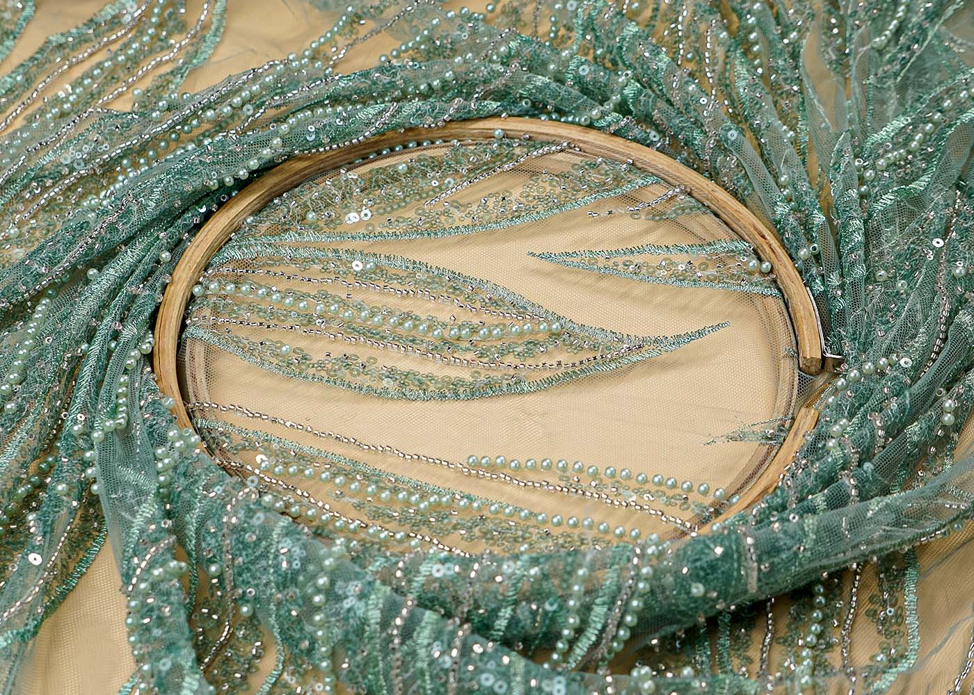 (Pre-Cut 1.5 Mtr ) Sea Green Imported Net Fabric With  All Over Thread Seuins And Bead Work 17701