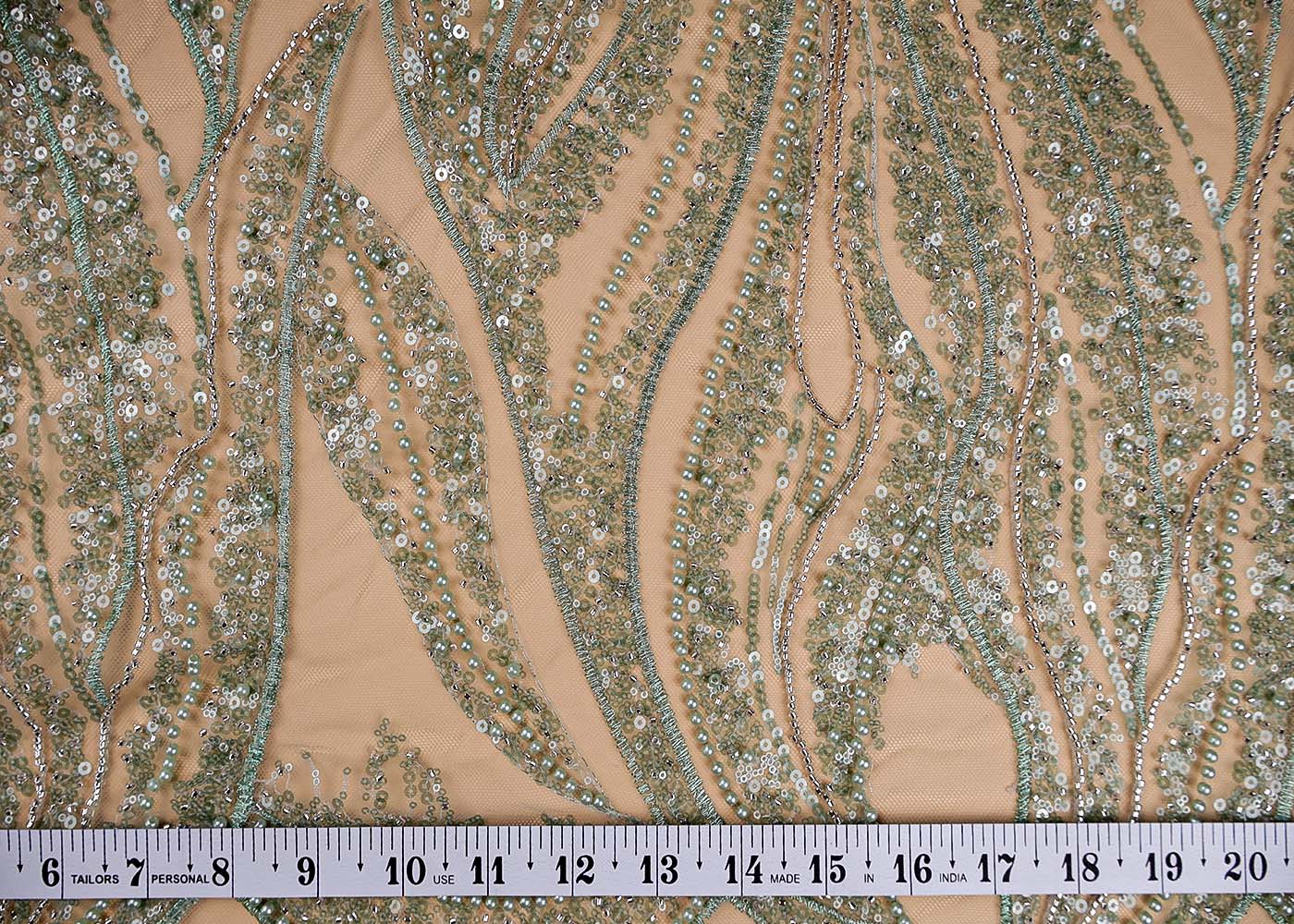 (Pre-Cut 1.5 Mtr ) Sea Green Imported Net Fabric With  All Over Thread Seuins And Bead Work 17701