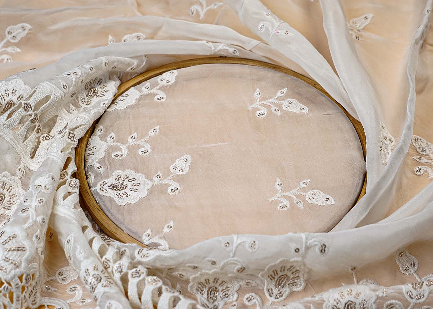 (Pre-Cut 2.5 Mtr ) White Organza Fabric With  All Over Thread And Sequins Buti With One Side Heavy Border 17702