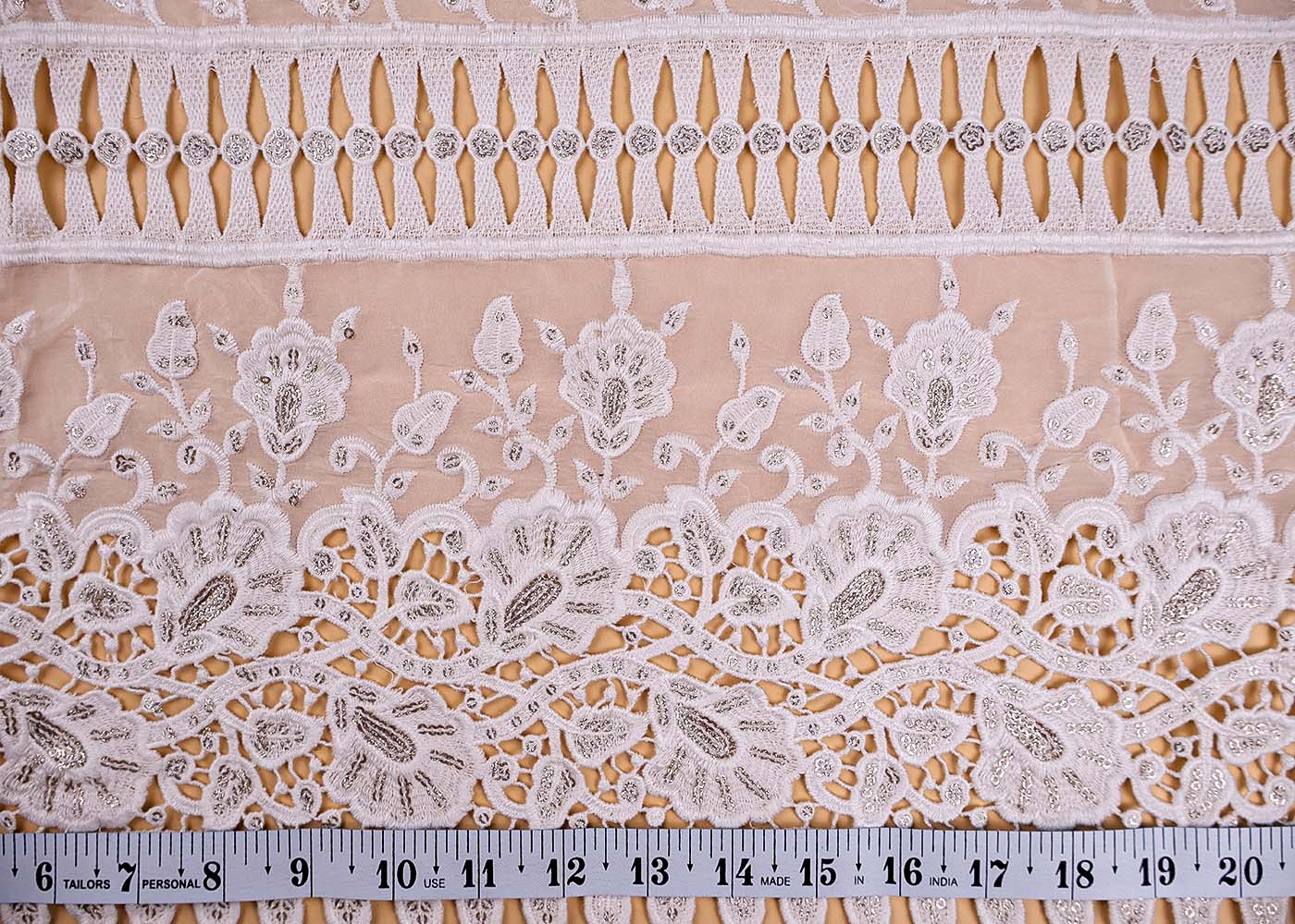(Pre-Cut 2.5 Mtr ) White Organza Fabric With  All Over Thread And Sequins Buti With One Side Heavy Border 17702