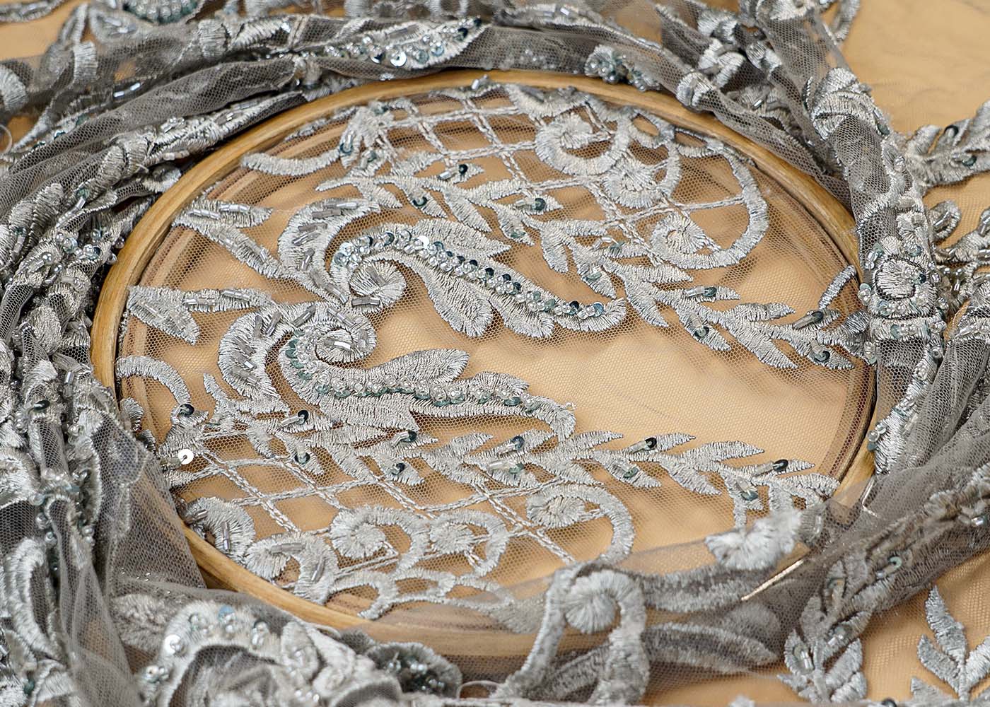 (Pre-Cut 0.65 Mtr ) Grey Imported Net Fabric With  All Over Thread Sequins And Bead Work With Two Side Scalloped Border 17704