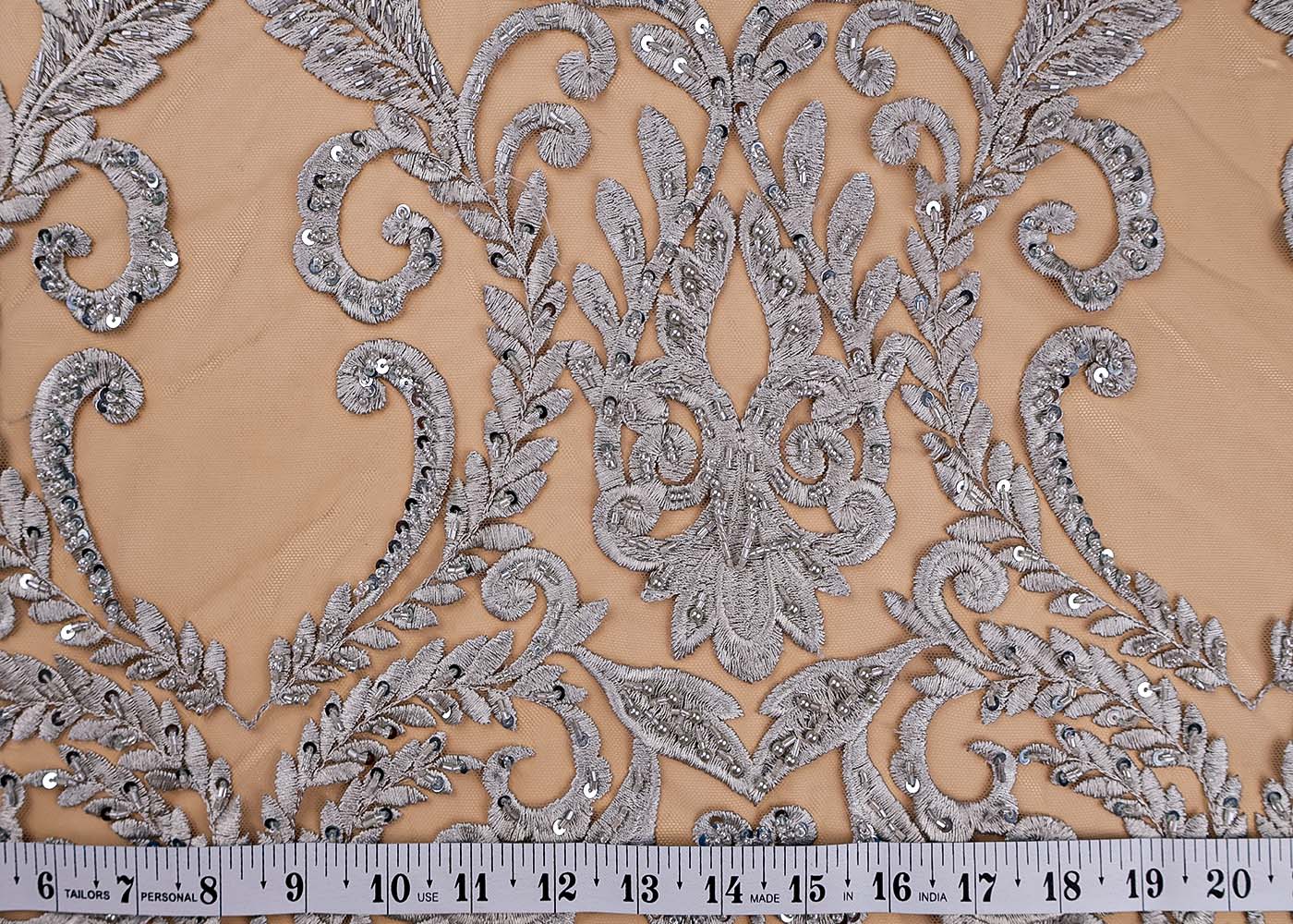 (Pre-Cut 0.65 Mtr ) Grey Imported Net Fabric With  All Over Thread Sequins And Bead Work With Two Side Scalloped Border 17704