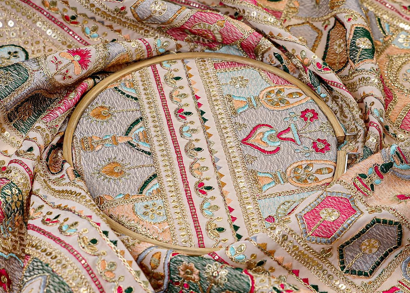 (Pre-Cut 1.15 Mtr ) Multi-Colour Georgette Fabric With  All Over Thread Zari And Sequins Work   17707