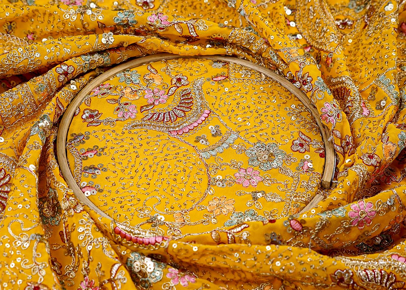 (Pre-Cut 1.6 Mtr ) Yellow Georgette Fabric With  All Over Thread Zari And Sequins Work 17711