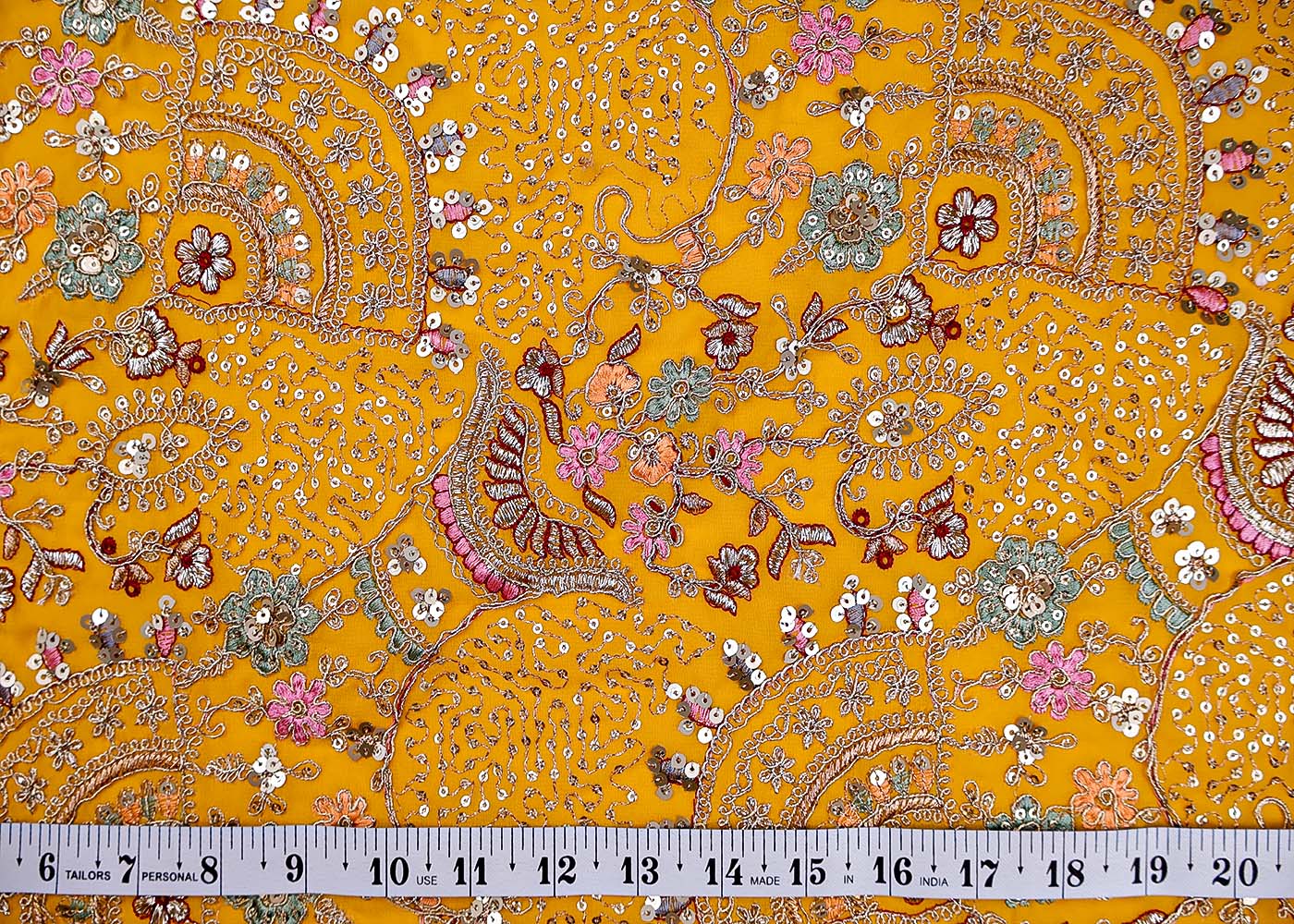 (Pre-Cut 1.6 Mtr ) Yellow Georgette Fabric With  All Over Thread Zari And Sequins Work 17711