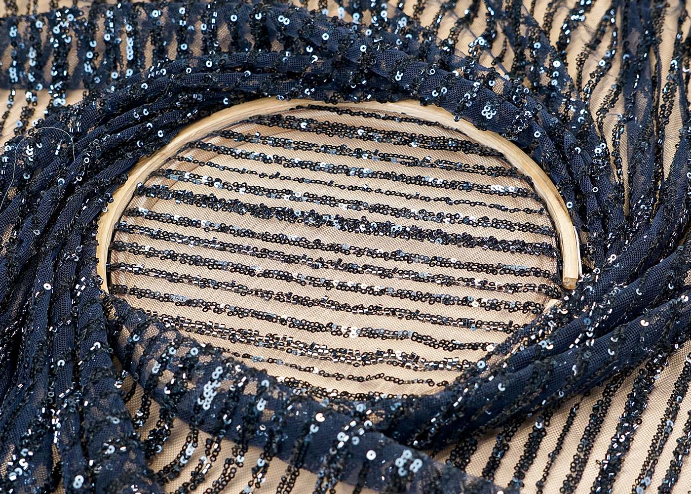 (Pre-Cut 1.35 Mtr ) Blue Imported Net Fabric With  All Over Sequins And Bead Work 17712