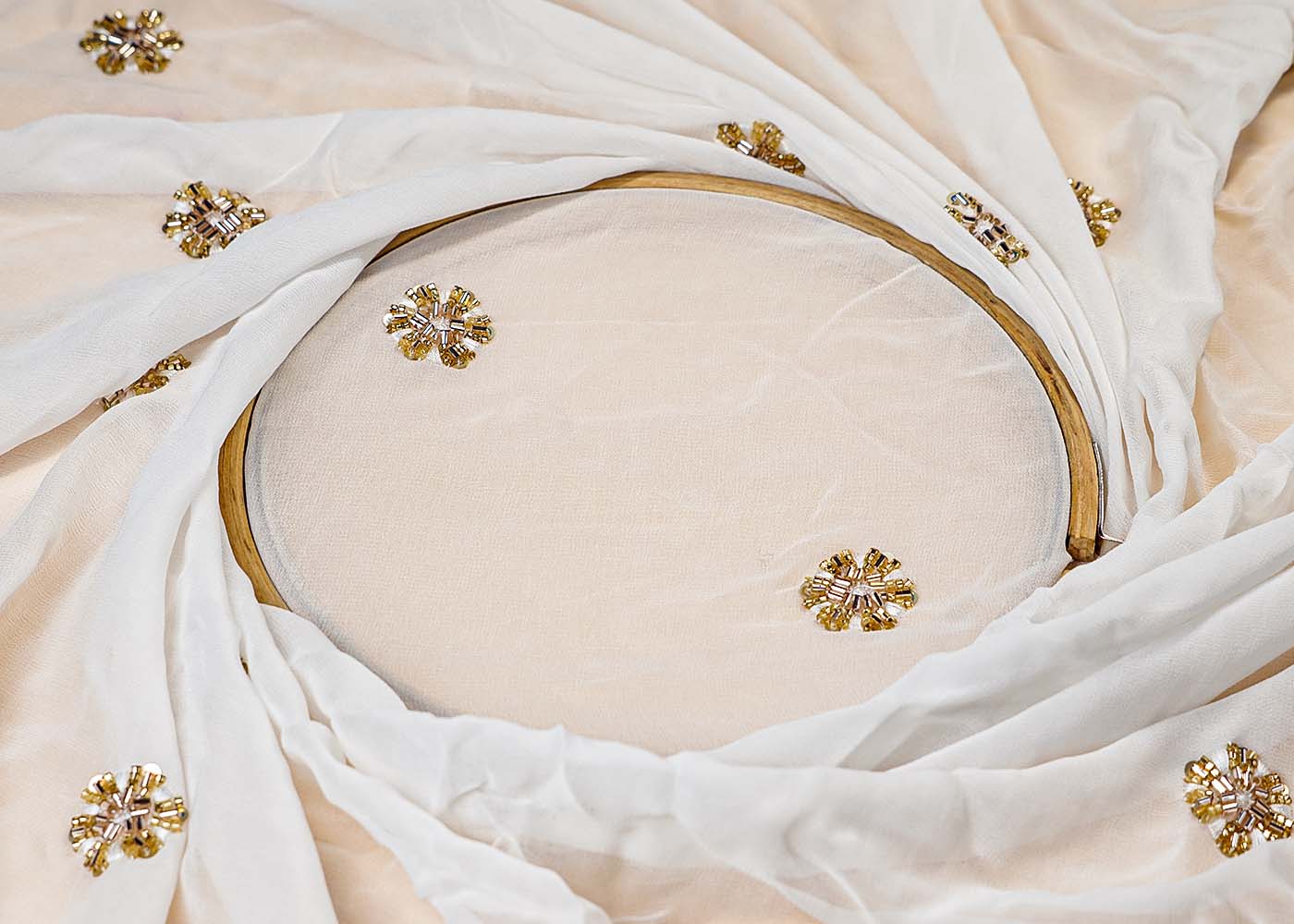 (Pre-Cut 2.4 Mtr ) White Georgette Fabric With  All Over Thread Beads And Sequins Buti  17713