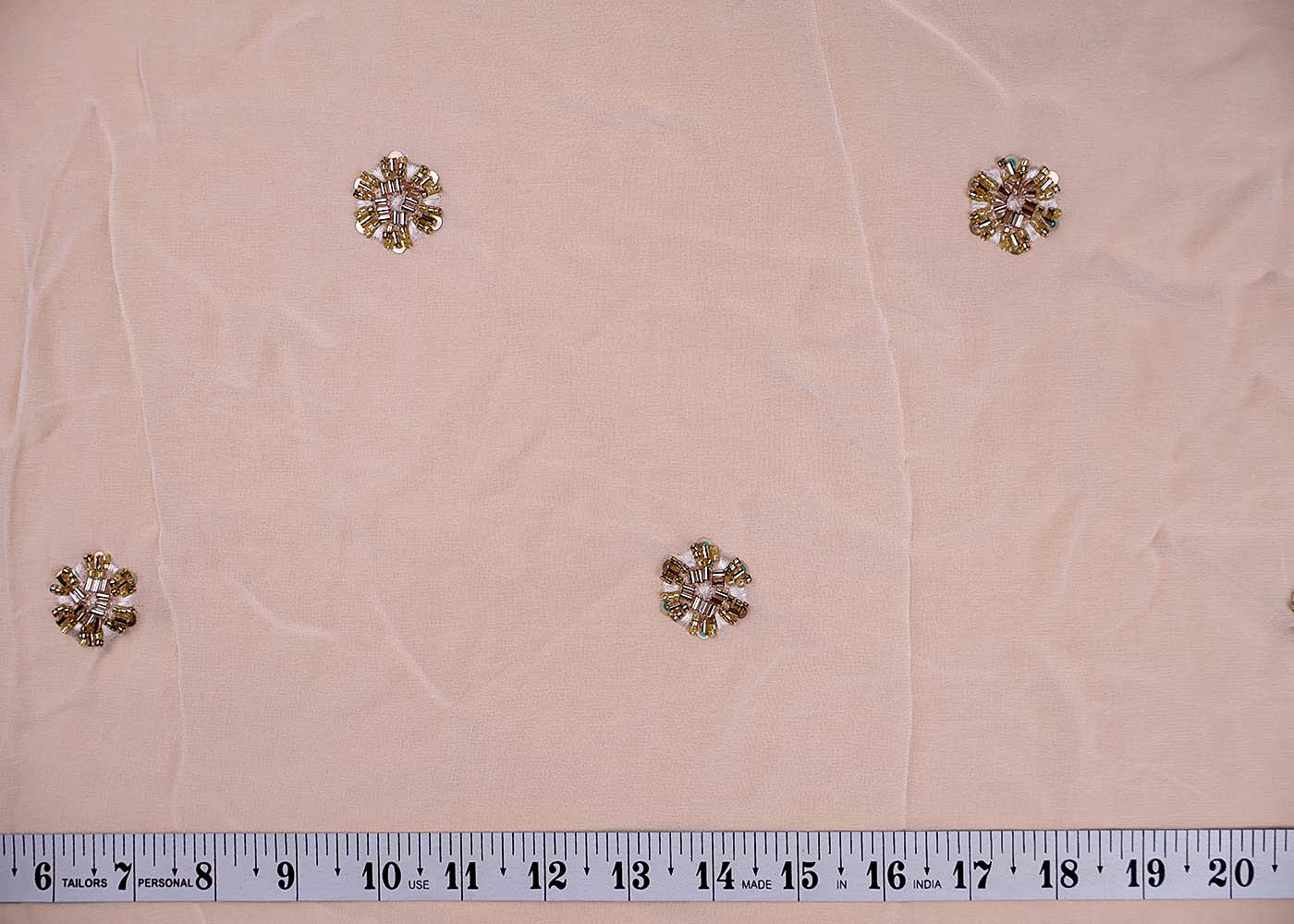 (Pre-Cut 2.4 Mtr ) White Georgette Fabric With  All Over Thread Beads And Sequins Buti  17713