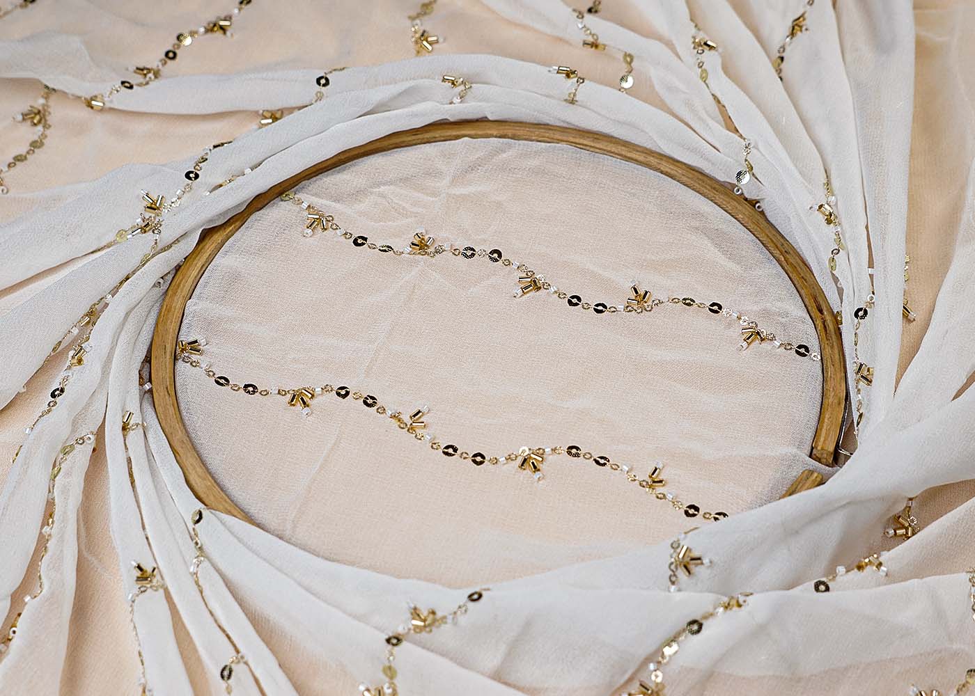 (Pre-Cut 2.35 Mtr ) White Georgette Fabric With  All Over Thread Beads And Sequins Work 17716