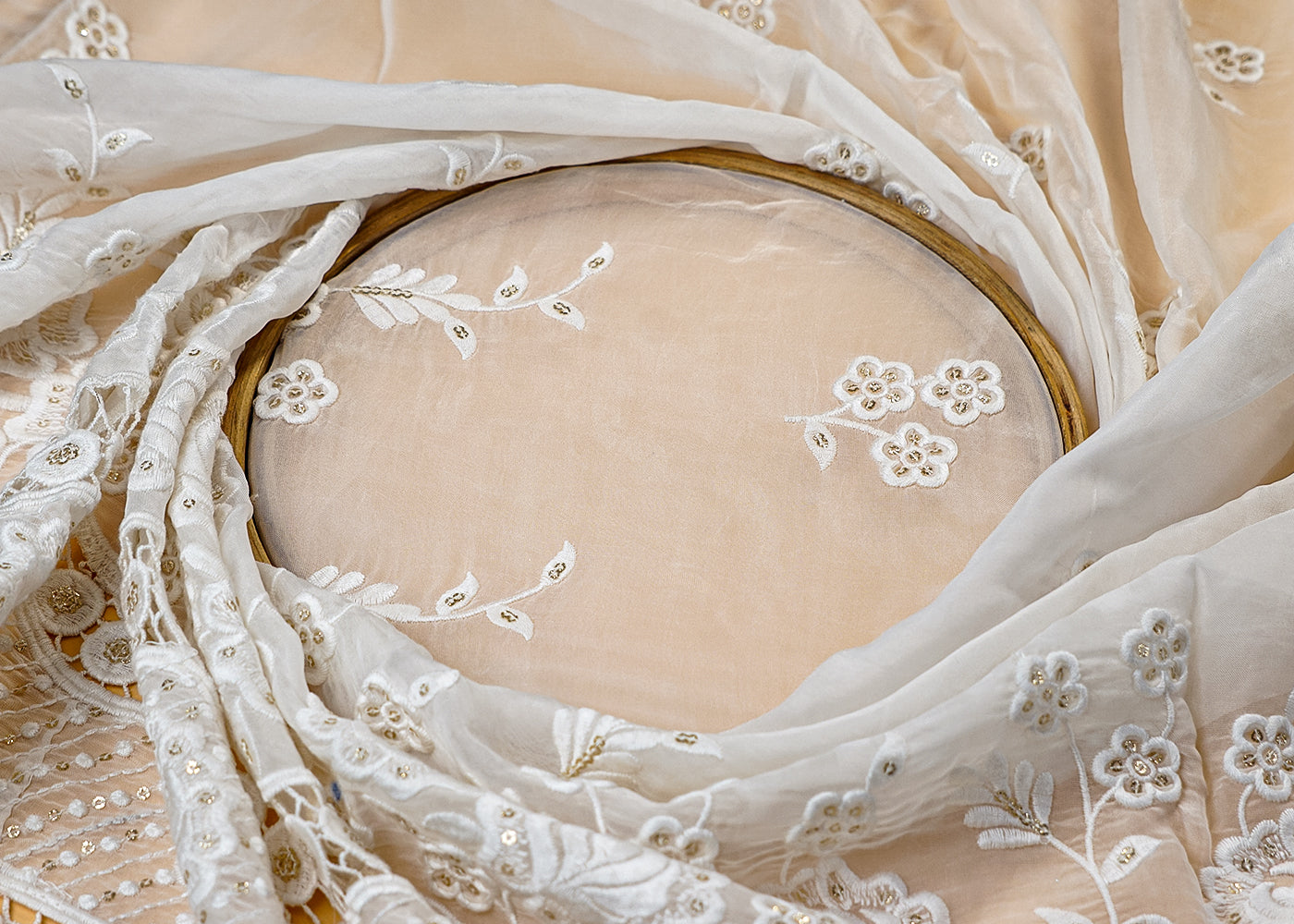 (Pre-Cut 2.5 Mtr ) White Organza Fabric With  All Over Thread And Sequins Work With One Side Cutwork Border 17718
