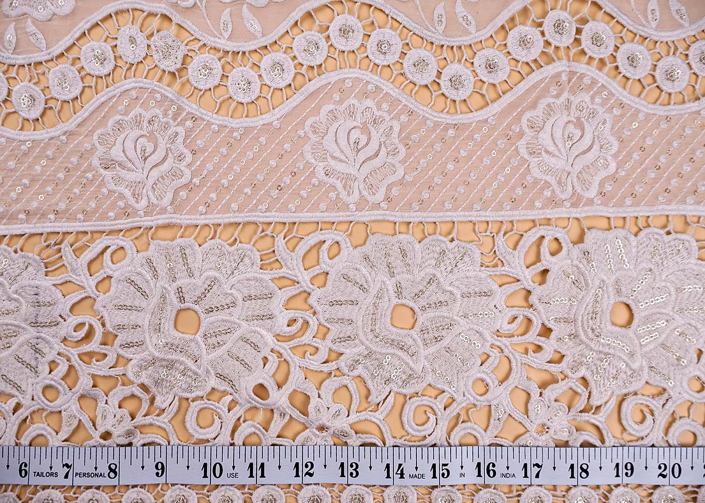 (Pre-Cut 2.5 Mtr ) White Organza Fabric With  All Over Thread And Sequins Work With One Side Cutwork Border 17718