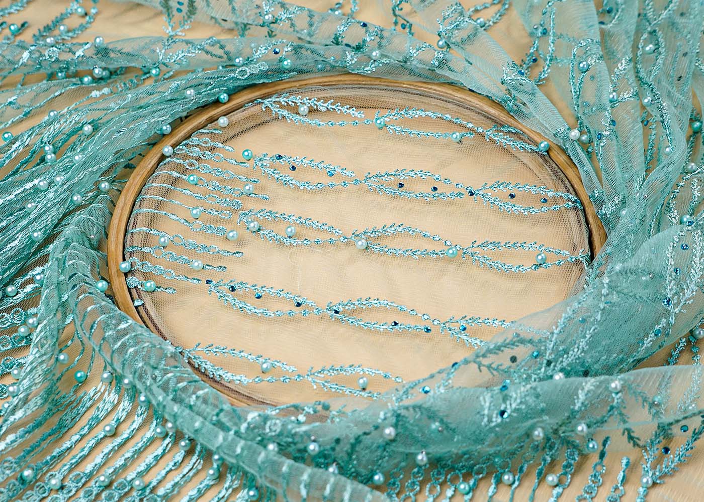 (Pre-Cut 1.5 Mtr ) Sea Green Imported Net Fabric With  All Over Thread And Pearl Work With One Side Heavy Border 17720